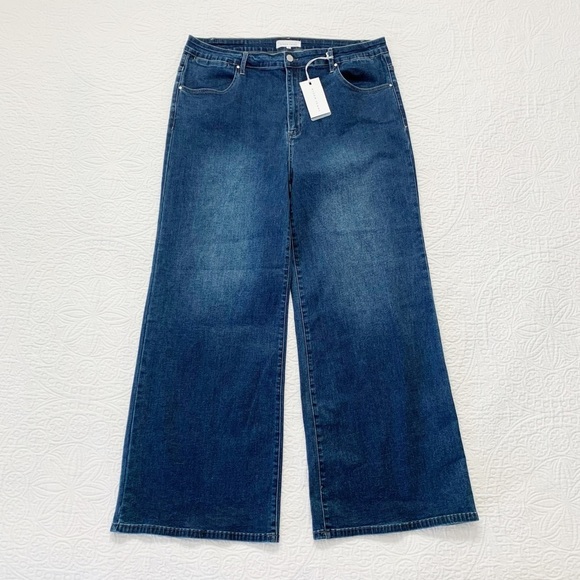 Risen‎ Mabel Mid-Rise Wide Leg Jeans, Dark Wash - Picture 1 of 5